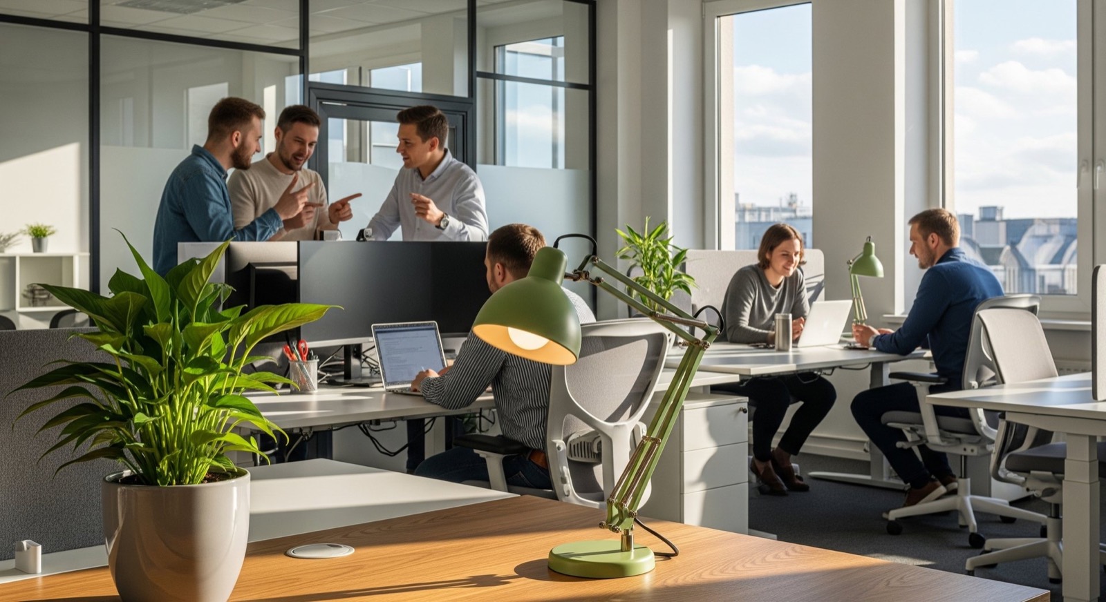 Männer besprechen etwas am Schreibtisch, während andere in einem offenen Büro an Computern arbeiten.