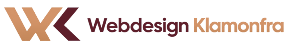 Logo: Braunes "WK"-Monogramm und der Schriftzug "Webdesign Klamonfra" in Rotbraun und Beige.
